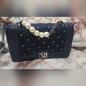 BAGLEY MISHKA Denim Quilted Handbag with Pearl Chain